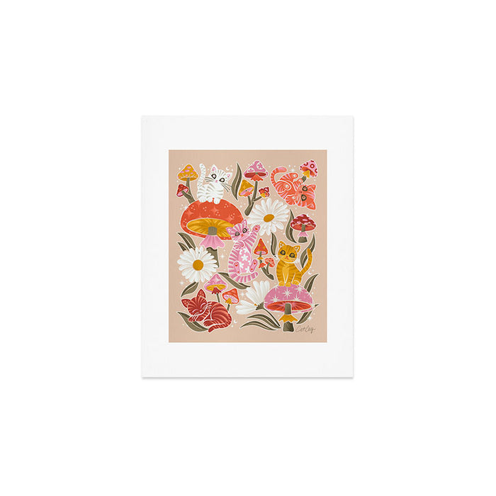 Kittens & Shrooms - Pink & Coral on Cream Art Print Gallery Image 1