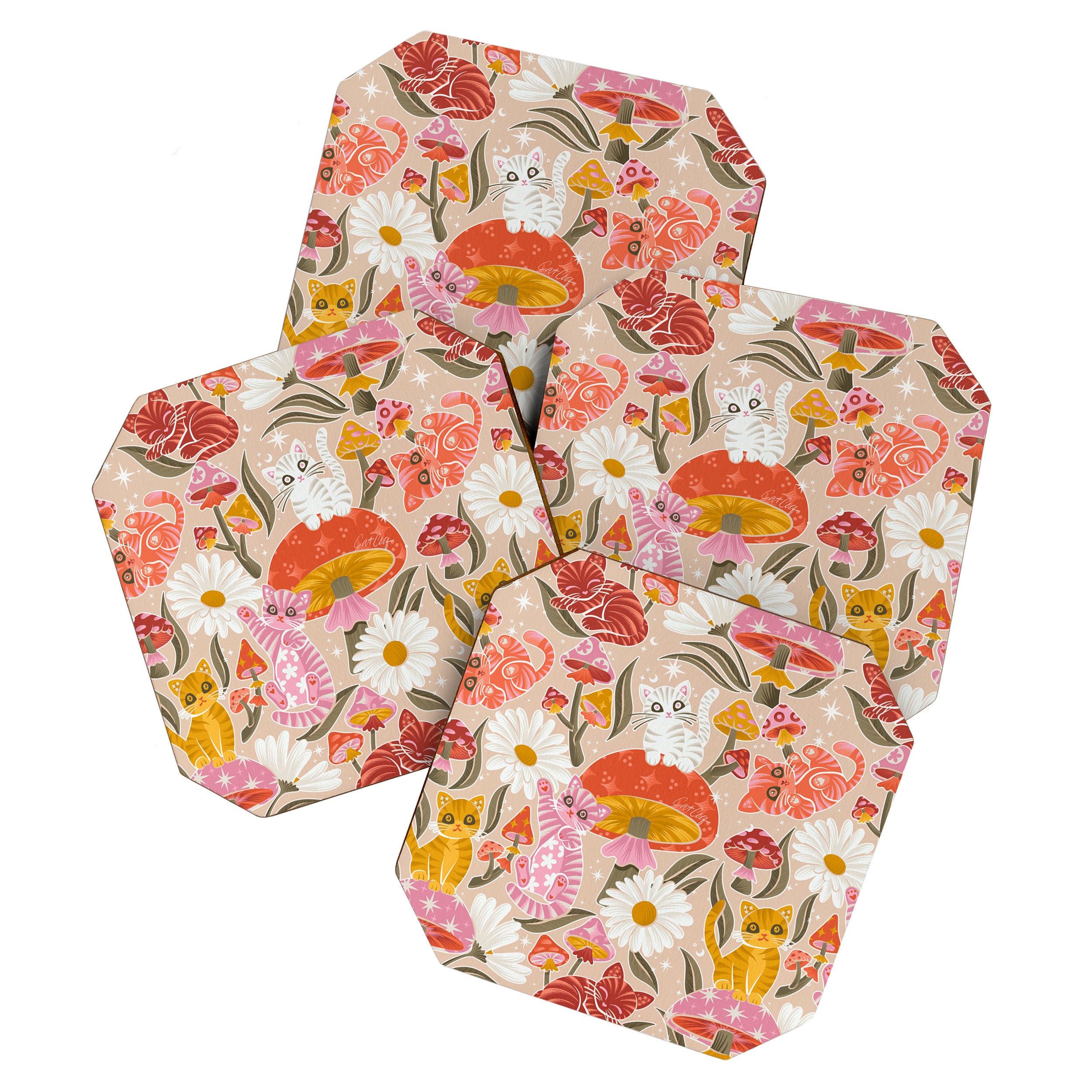Kittens & Shrooms - Pink & Coral on Cream Coaster Gallery Image 1