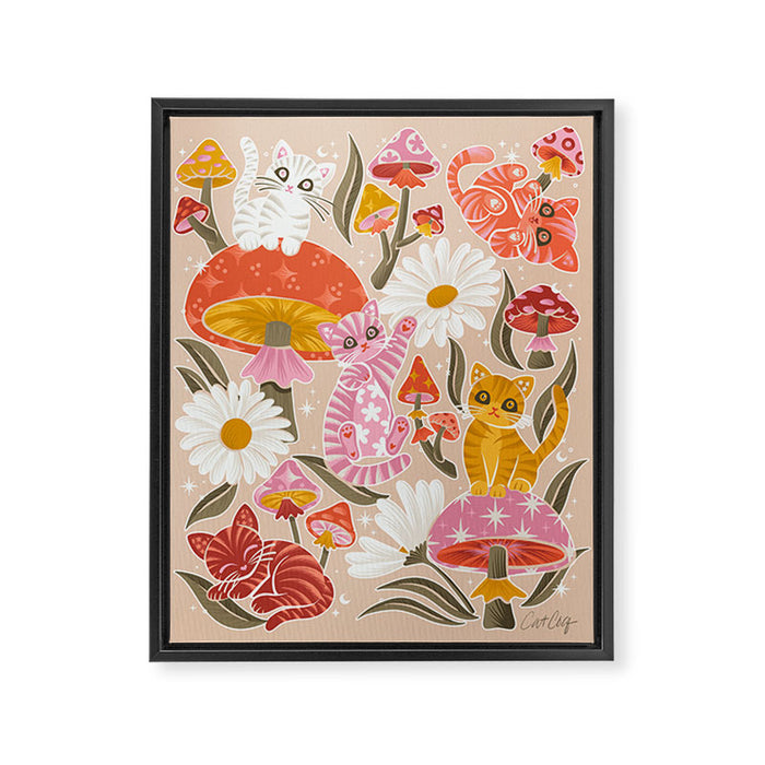 Kittens & Shrooms - Pink & Coral on Cream Framed Canvas Print Gallery Image 1
