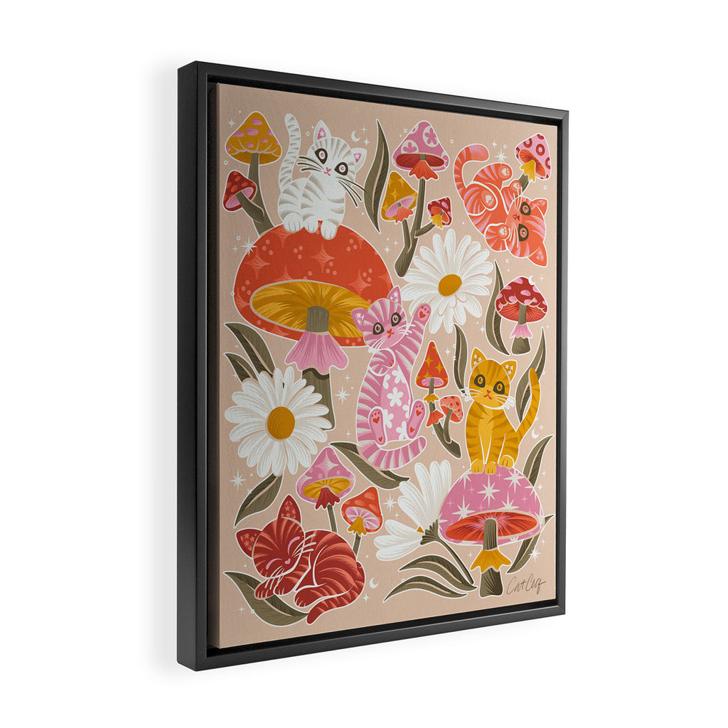 Kittens & Shrooms - Pink & Coral on Cream Framed Canvas Print Gallery Image 2