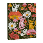 Kittens & Shrooms - Pink & Coral on Olive Canvas Print Gallery Image 8