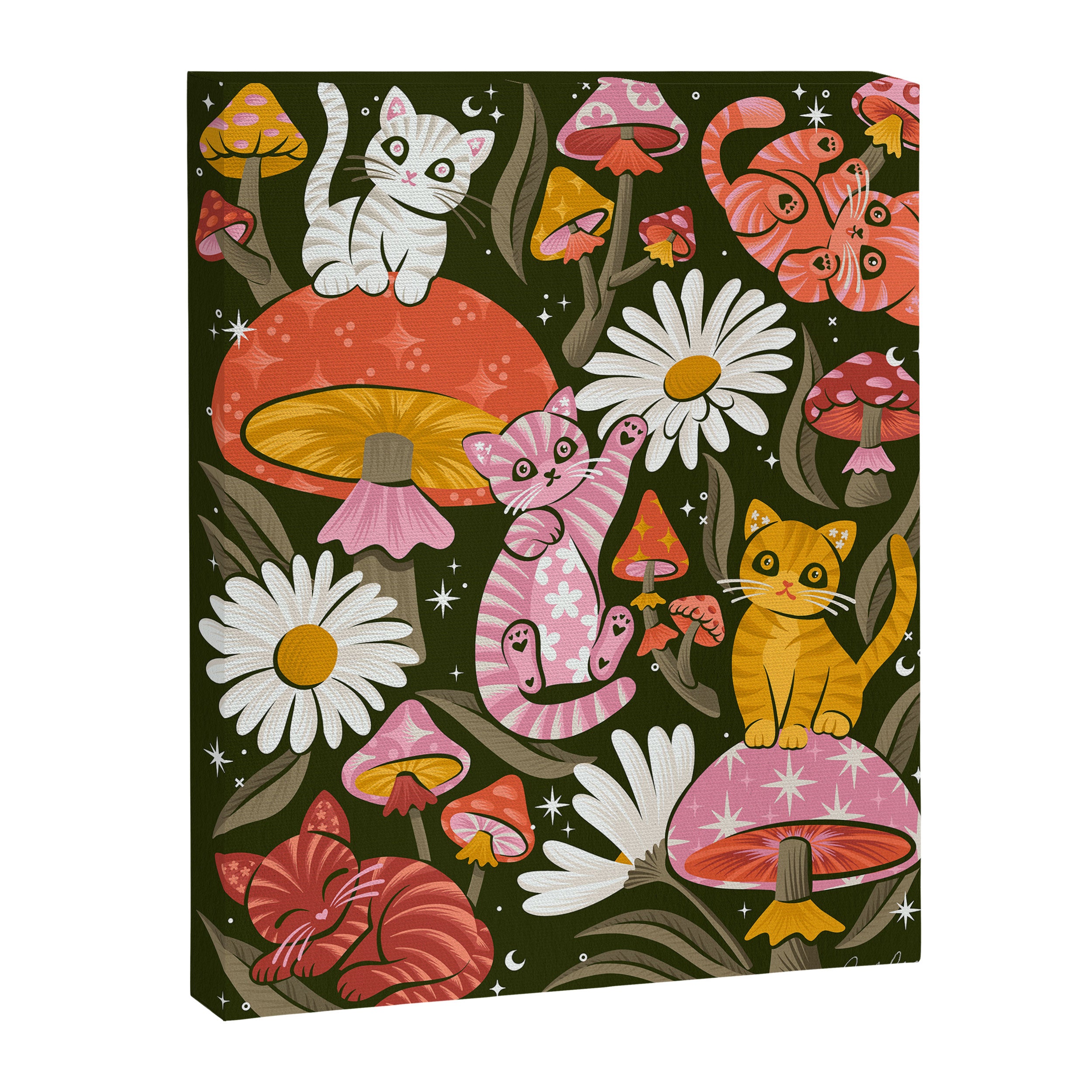 Kittens & Shrooms - Pink & Coral on Olive Canvas Print Gallery Image 8