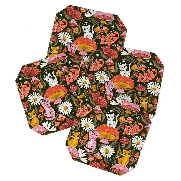 Kittens & Shrooms - Pink & Coral on Olive Coaster Gallery Image 1