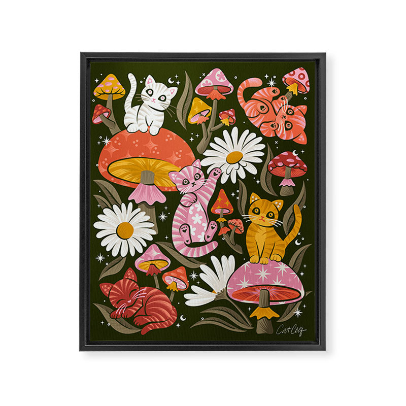 Kittens & Shrooms - Pink & Coral on Olive Framed Canvas Print Gallery Image 8