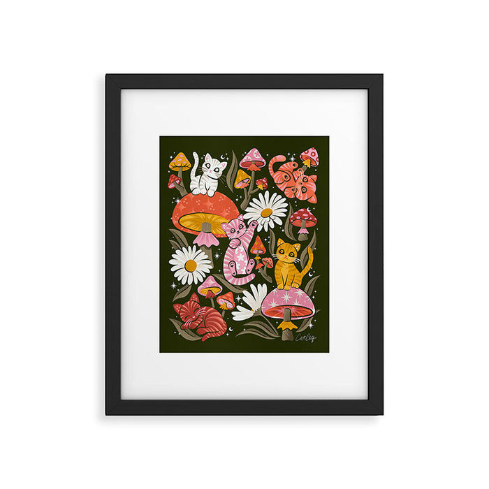 Kittens & Shrooms - Pink & Coral on Olive Framed Art Print Gallery Image 1