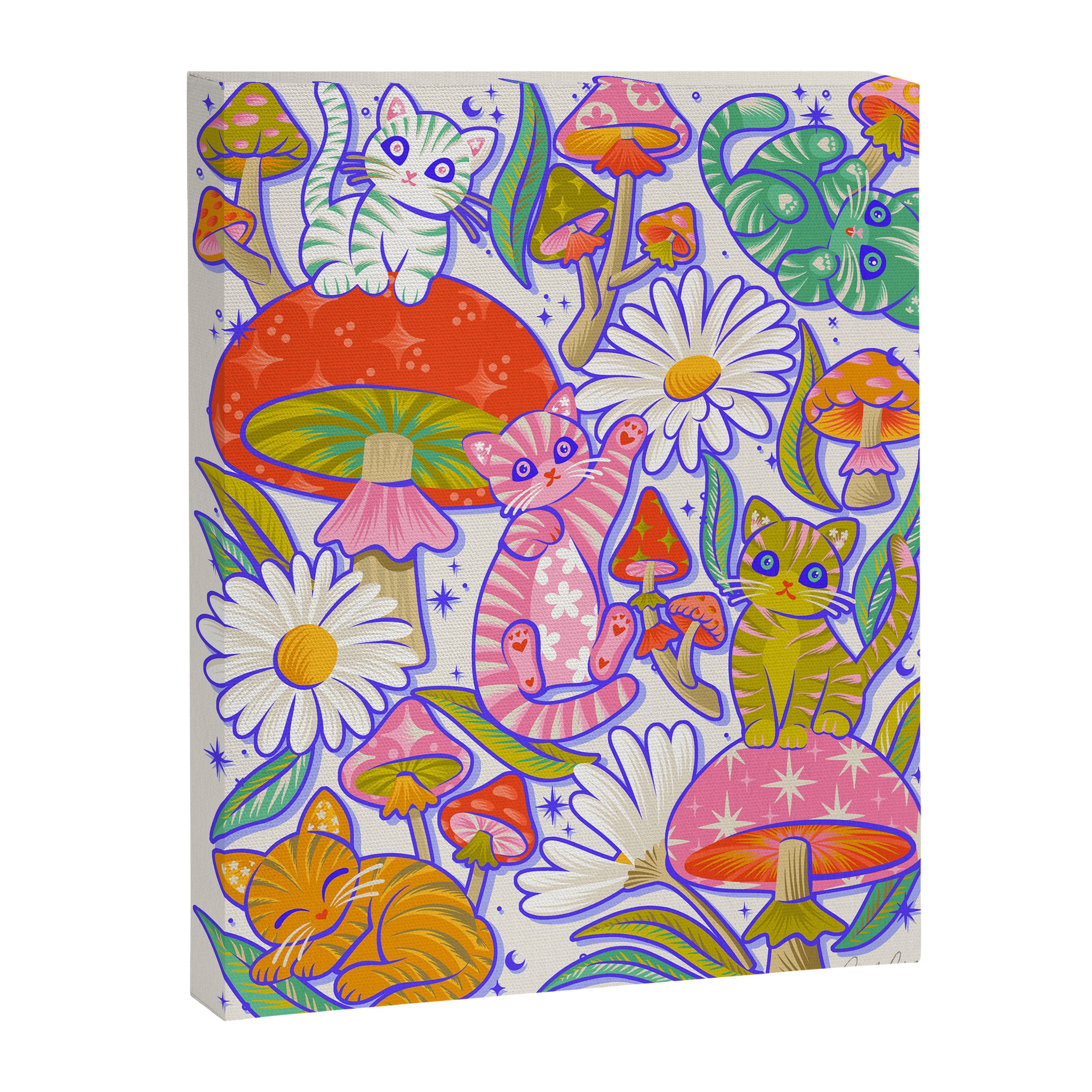 Kittens & Shrooms - Rainbow & Indigo on White Canvas Print Gallery Image 8