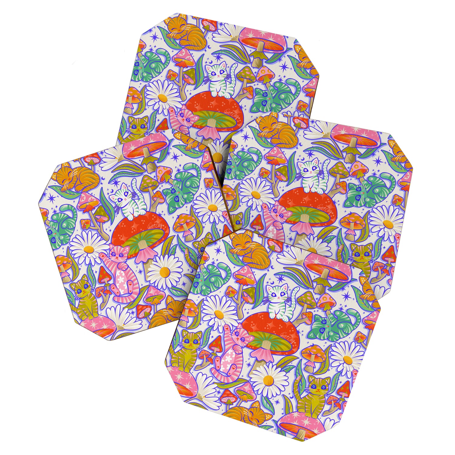 Kittens & Shrooms - Rainbow & Indigo on White Coaster Gallery Image 1