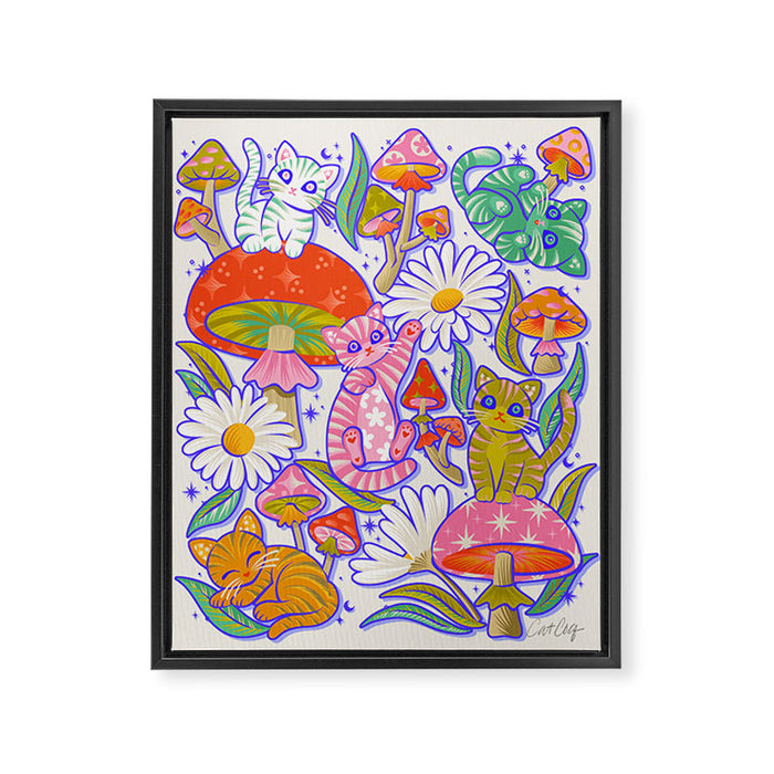 Kittens & Shrooms - Rainbow & Indigo on White Framed Canvas Print Gallery Image 1