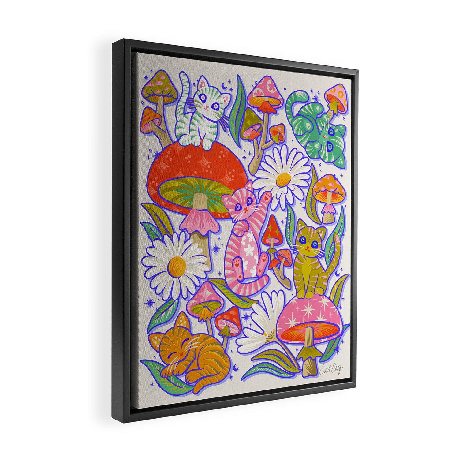 Kittens & Shrooms - Rainbow & Indigo on White Framed Canvas Print Gallery Image 2