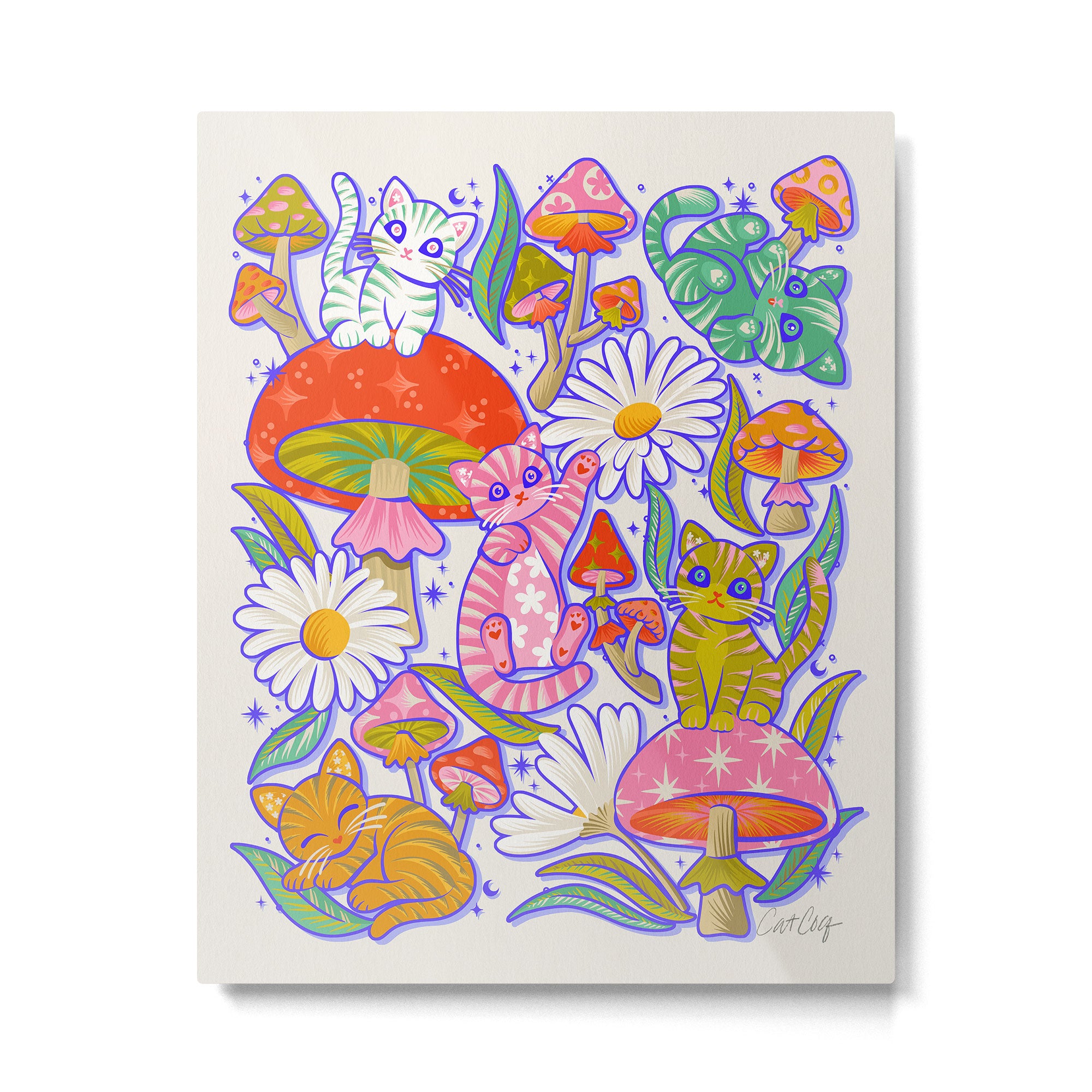 Kittens & Shrooms - Rainbow & Indigo on White Metal Print Gallery Image 6