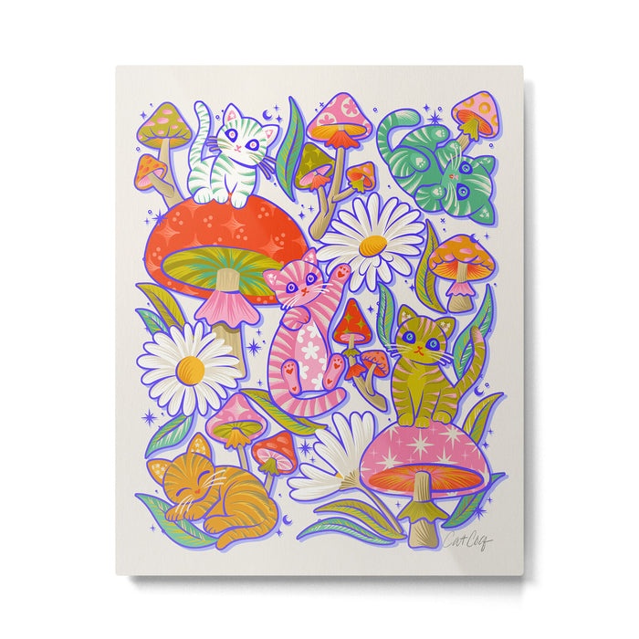 Kittens & Shrooms - Rainbow & Indigo on White Metal Print Gallery Image 1