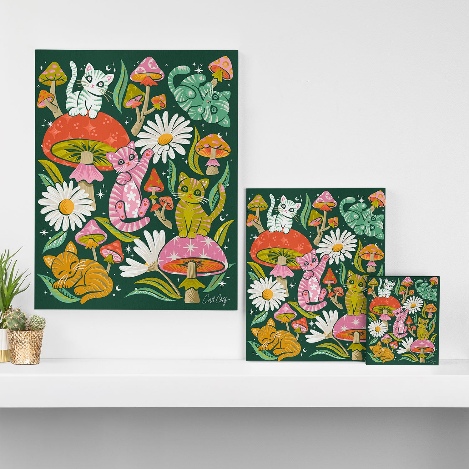 Kittens & Shrooms - Rainbow on Kelly Green Canvas Print Gallery Image 3