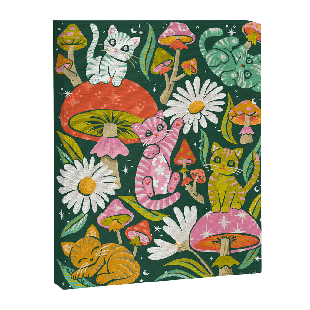 Kittens & Shrooms - Rainbow on Kelly Green Canvas Print Gallery Image 3