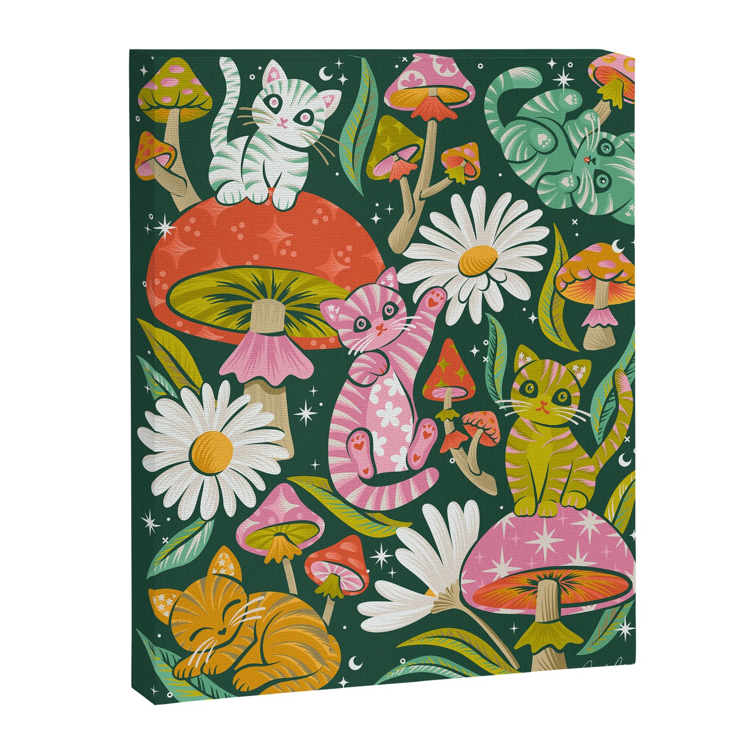 Kittens & Shrooms - Rainbow on Kelly Green Canvas Print Gallery Image 3