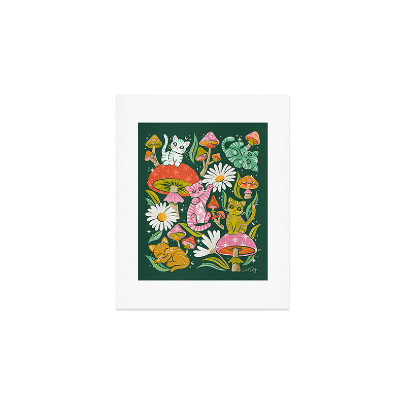 Kittens & Shrooms - Rainbow on Kelly Green Art Print Gallery Image 1