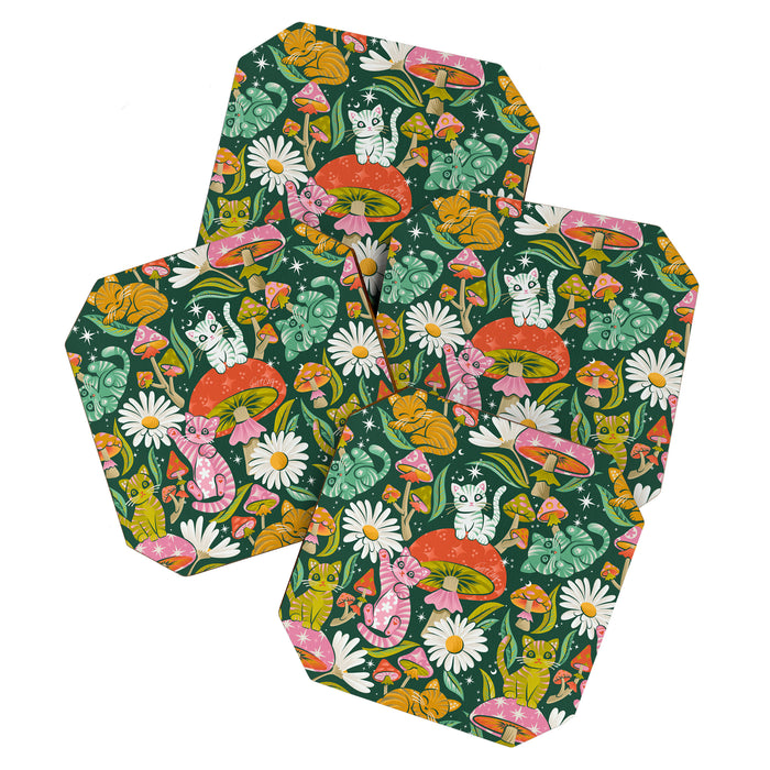 Kittens & Shrooms - Rainbow on Kelly Green Coaster Gallery Image 1