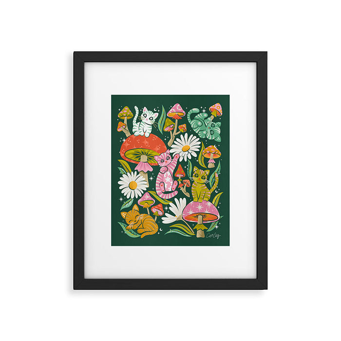 Kittens & Shrooms - Rainbow on Kelly Green Framed Art Print Gallery Image 1