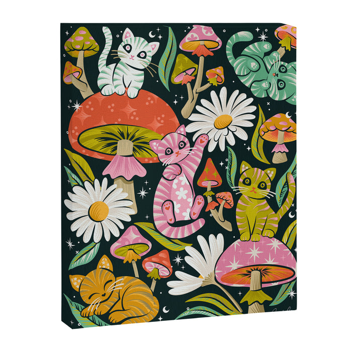 Kittens & Shrooms - Rainbow on Teal Canvas Print Gallery Image 1