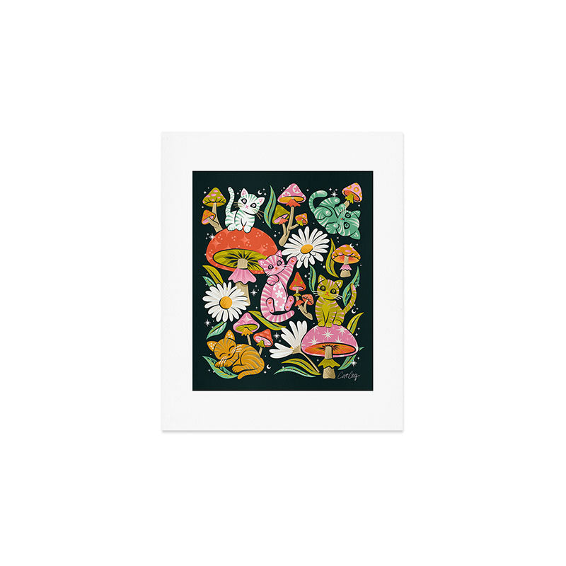 Kittens & Shrooms - Rainbow on Teal Art Print Gallery Image 1