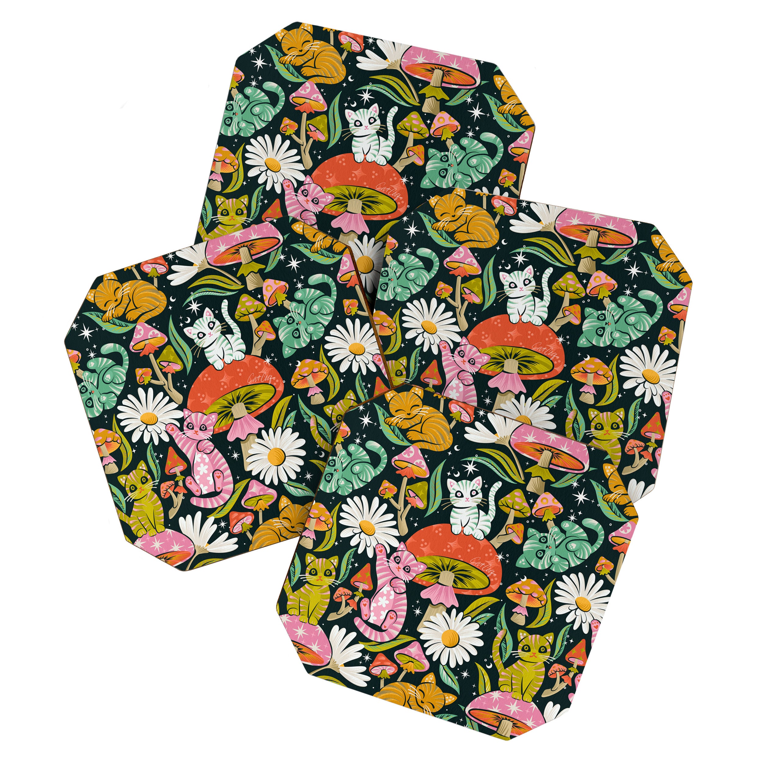 Kittens & Shrooms - Rainbow on Teal Coaster Gallery Image 1