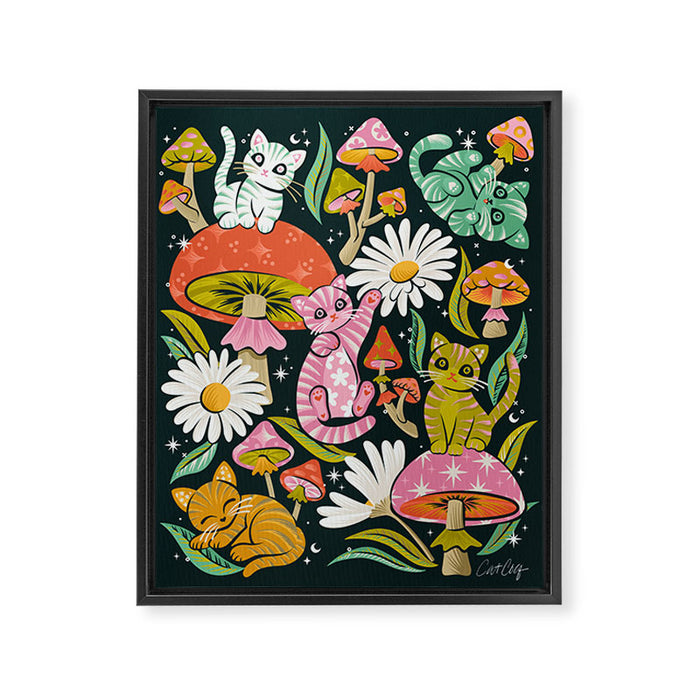 Kittens & Shrooms - Rainbow on Teal Framed Canvas Print Gallery Image 1