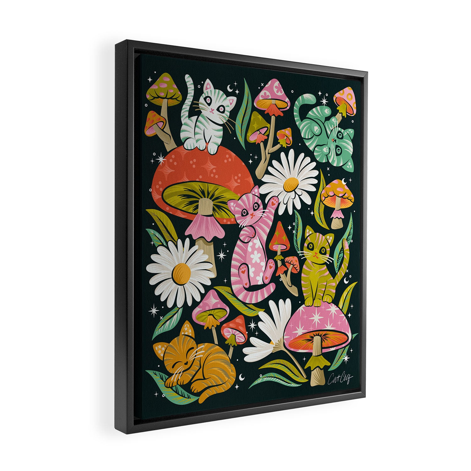 Kittens & Shrooms - Rainbow on Teal Framed Canvas Print Gallery Image 2