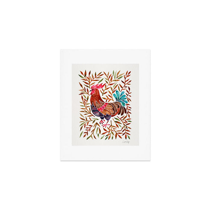 Le Coq â Watercolor Rooster with Sepia Leaves Art Print Gallery Image 1