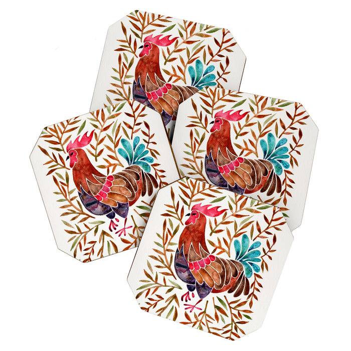 Le Coq â Watercolor Rooster with Sepia Leaves Coaster Gallery Image 1