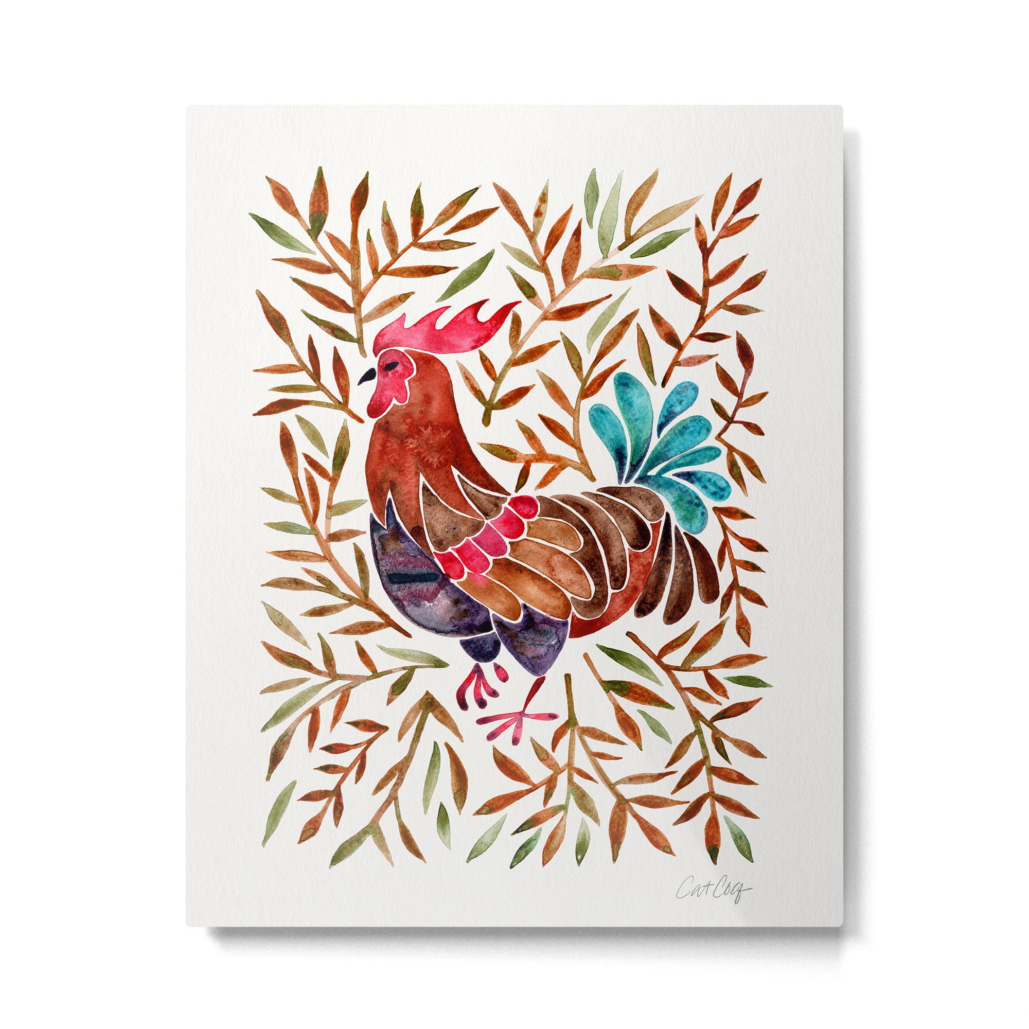 Le Coq â Watercolor Rooster with Sepia Leaves Metal Print Gallery Image 4