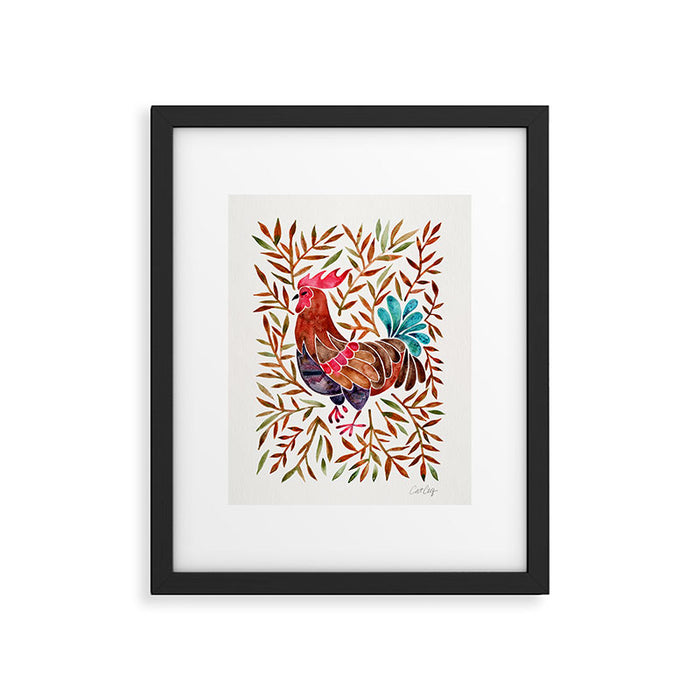 Le Coq â Watercolor Rooster with Sepia Leaves Framed Art Print Gallery Image 1