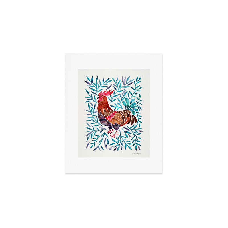 Le Coq - Watercolor Rooster with Turquoise Leaves Art Print Gallery Image 1