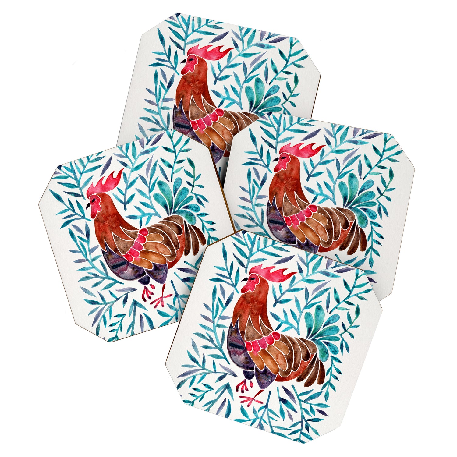 Le Coq - Watercolor Rooster with Turquoise Leaves Coaster Gallery Image 1