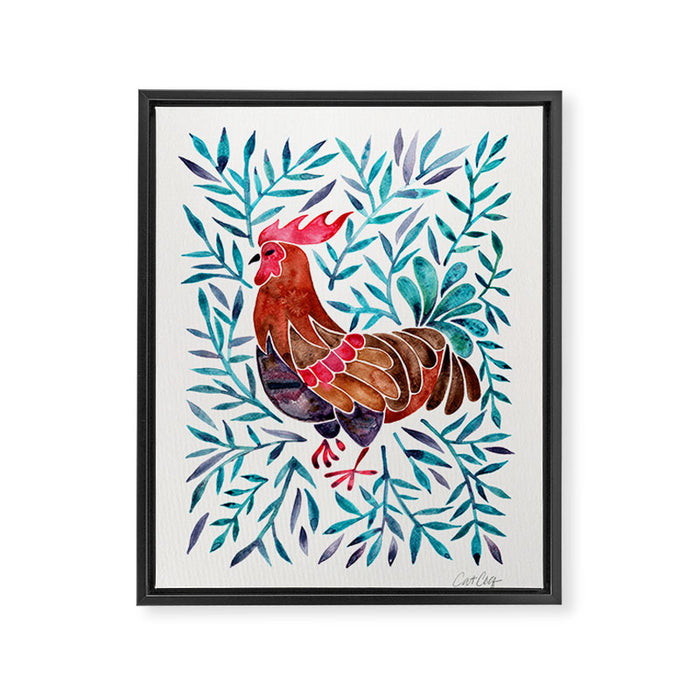 Le Coq - Watercolor Rooster with Turquoise Leaves Framed Canvas Print Gallery Image 1