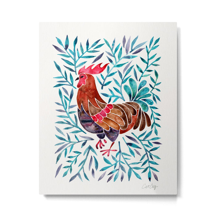 Le Coq - Watercolor Rooster with Turquoise Leaves Metal Print Gallery Image 1