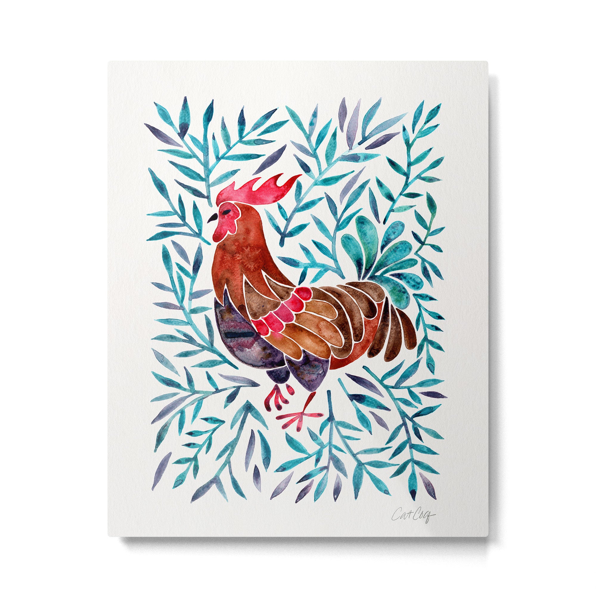 Le Coq - Watercolor Rooster with Turquoise Leaves Metal Print Gallery Image 6