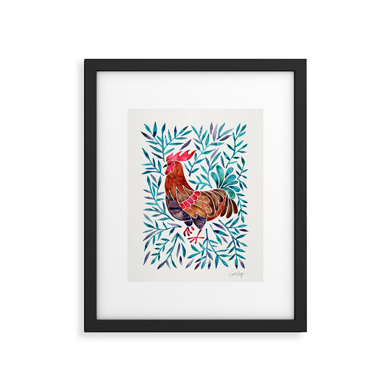 Le Coq - Watercolor Rooster with Turquoise Leaves Framed Art Print Gallery Image 4