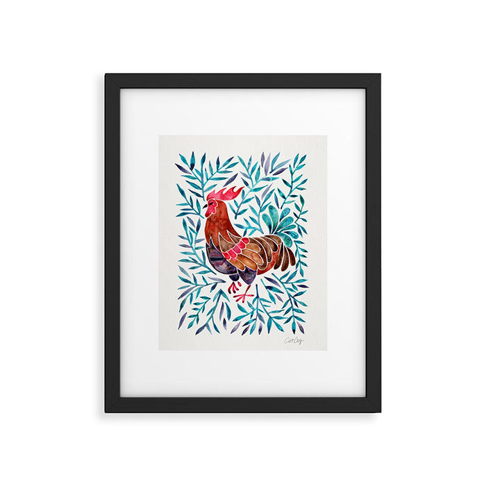 Le Coq - Watercolor Rooster with Turquoise Leaves Framed Art Print Gallery Image 1