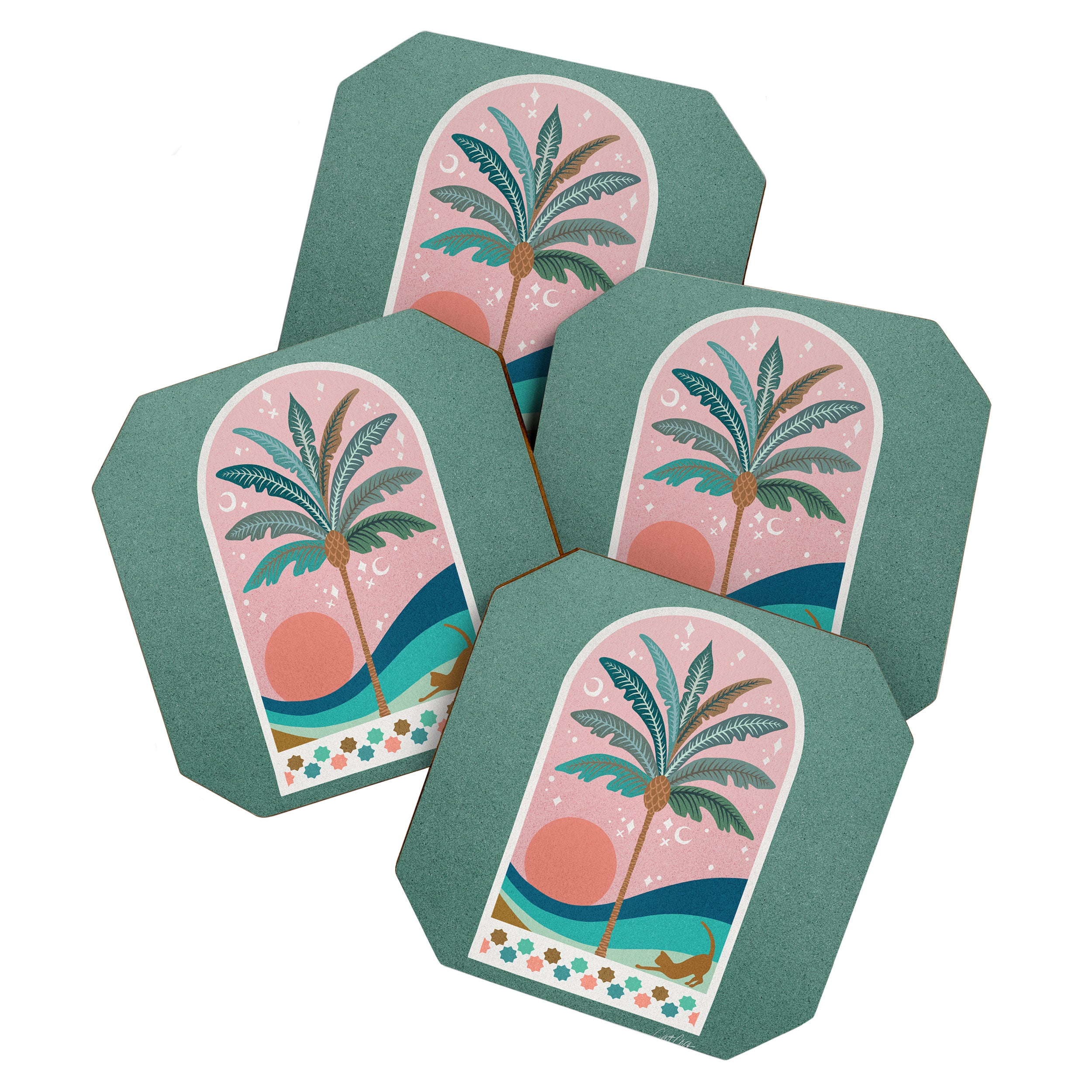 Moorish Framed Palm Tree - Mint & Blush Coaster Gallery Image 1