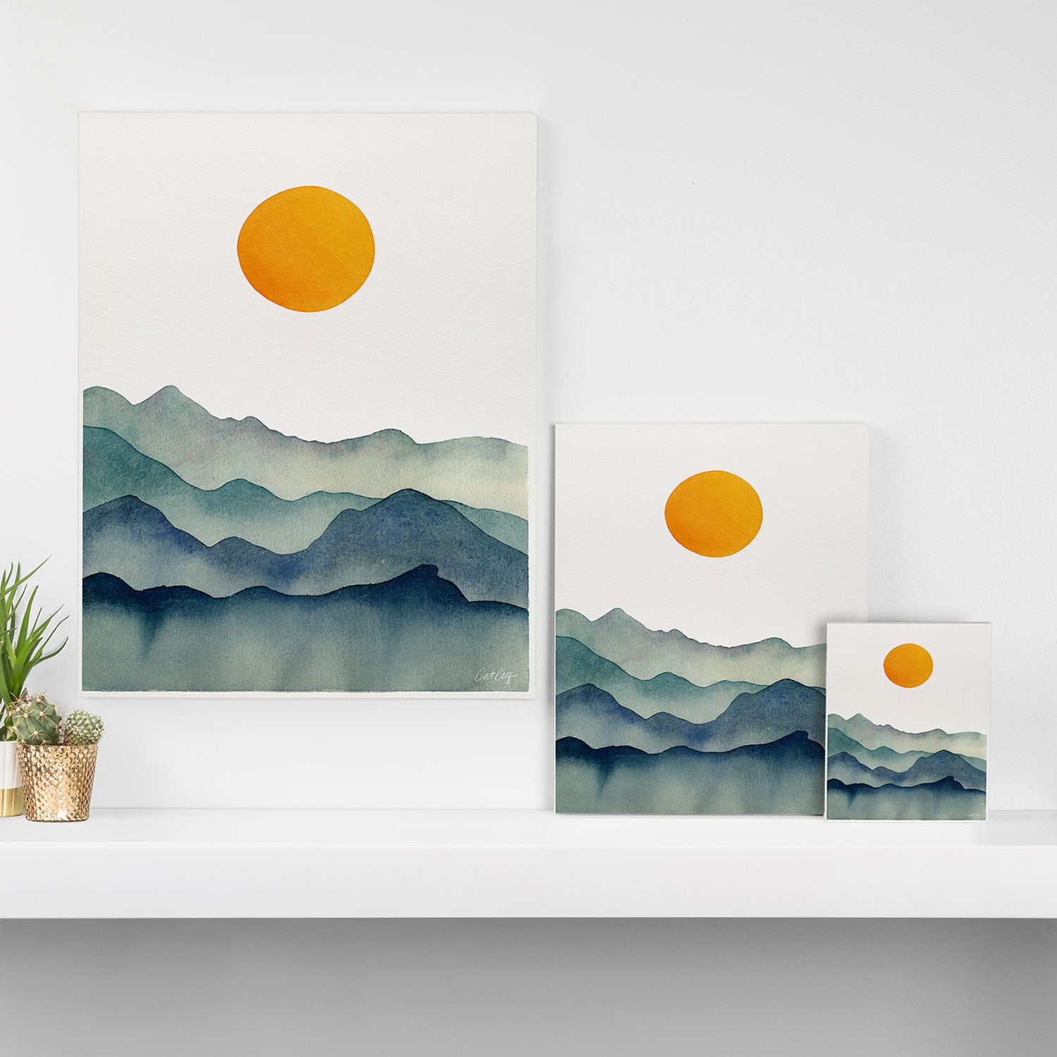 Mountain Range Silhouette - Blue & Yellow Canvas Print Gallery Image 3