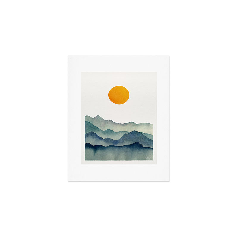 Mountain Range Silhouette - Blue & Yellow Art Print Gallery Image 1