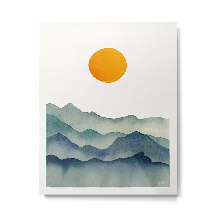 Mountain Range Silhouette - Blue & Yellow Metal Print Gallery Image 1