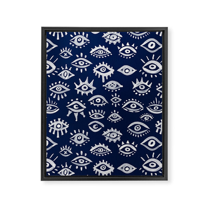 Mystic Eyes - White on Navy Framed Canvas Print Gallery Image 1