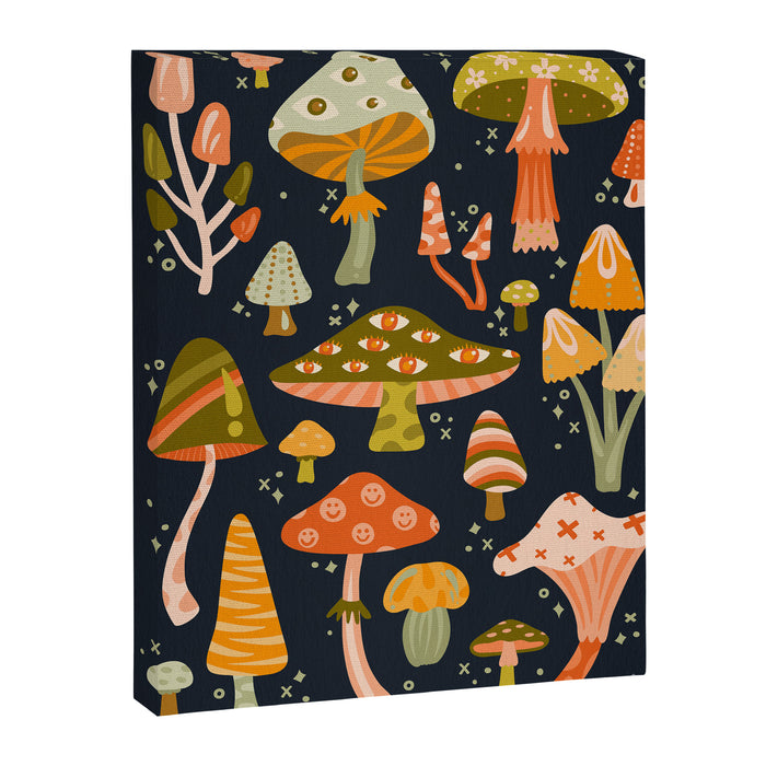 Mystic Mushrooms - Khaki & Green on Navy Canvas Print Gallery Image 1