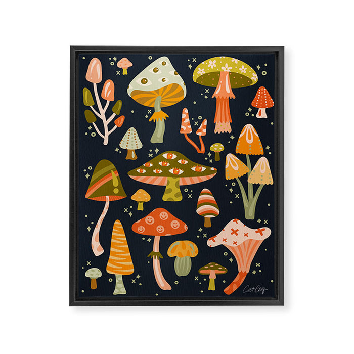 Mystic Mushrooms - Khaki & Green on Navy Framed Canvas Print Gallery Image 1