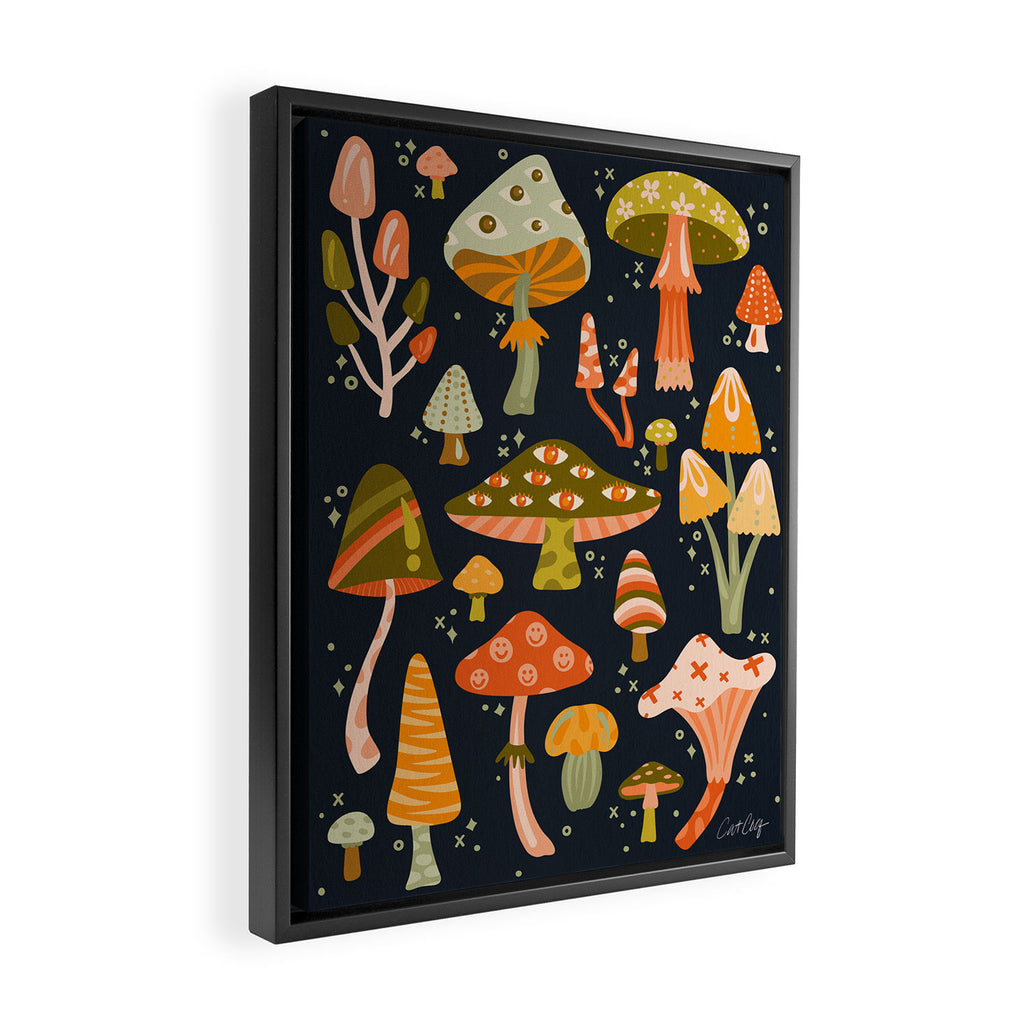 Mystic Mushrooms - Khaki & Green on Navy Framed Canvas Print Gallery Image 2