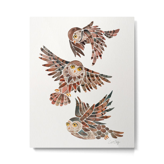 Owls in Flight - Brown Palette Metal Print Gallery Image 1