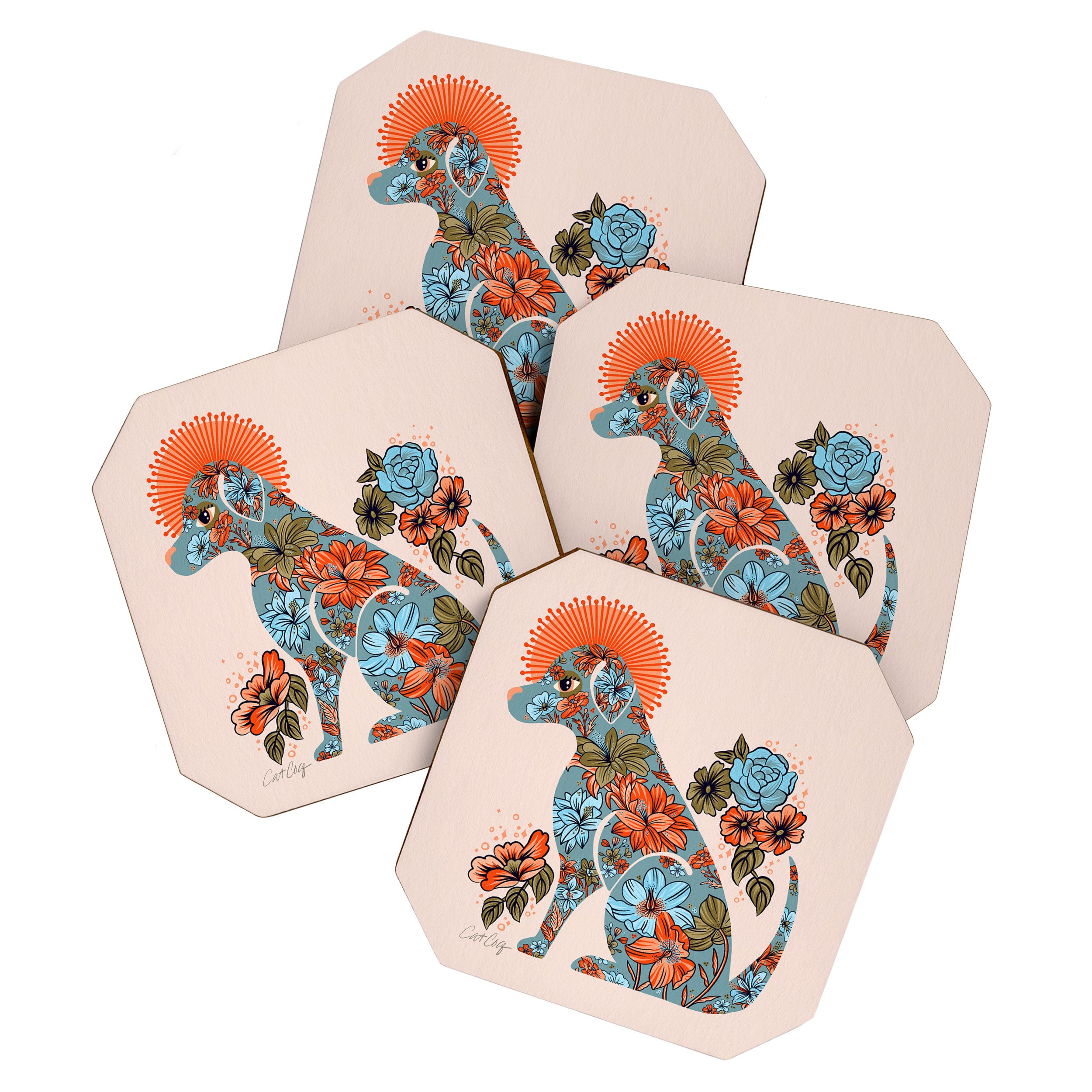 Porcelain Floral Dog - Blue & Coral Coaster Gallery Image 1