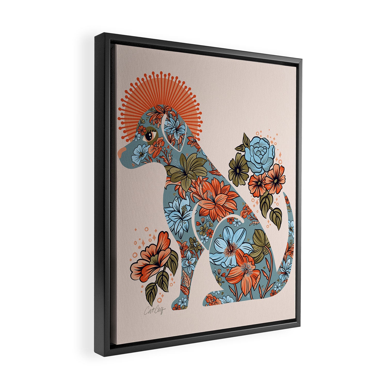 Porcelain Floral Dog - Blue & Coral Framed Canvas Print Gallery Image 2