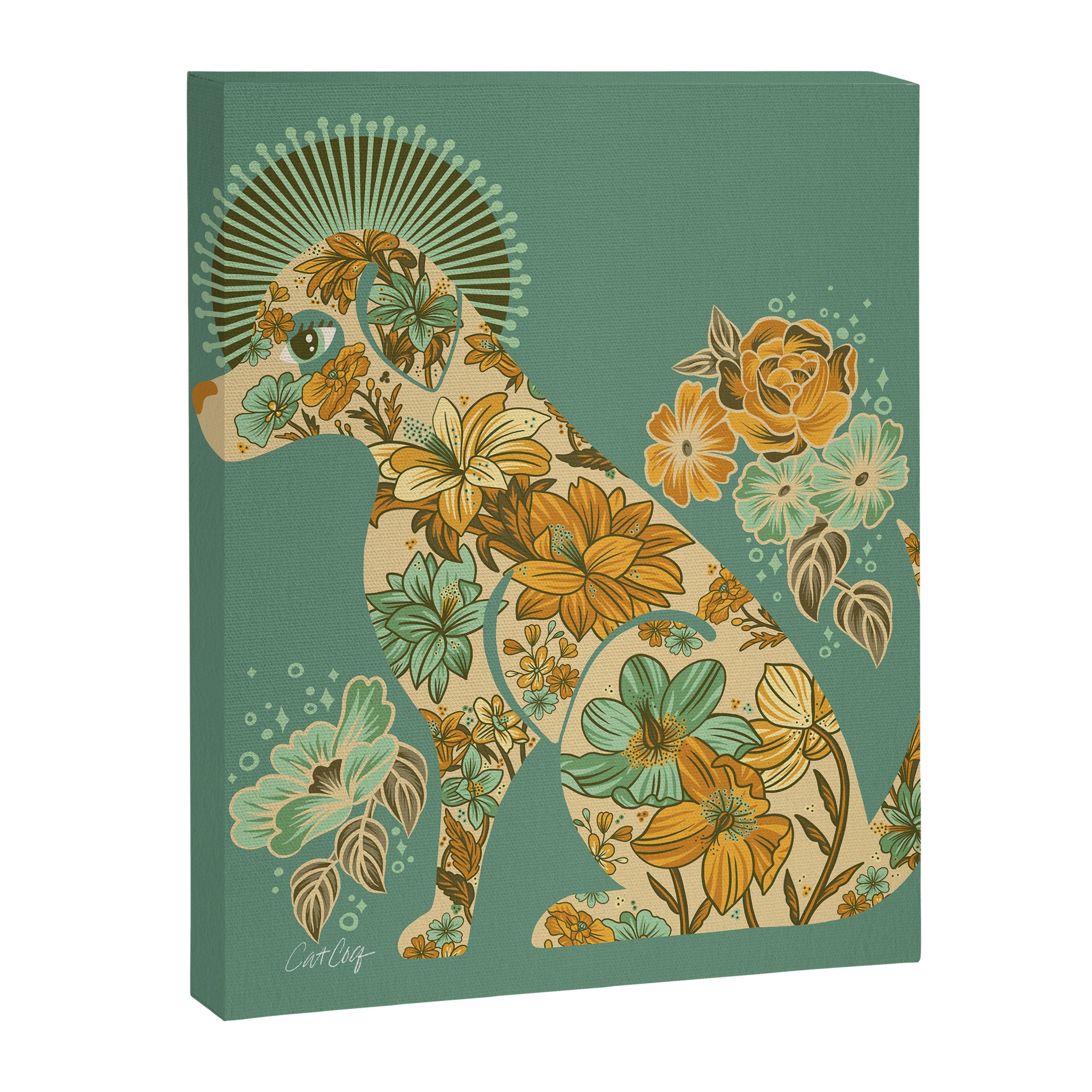 Porcelain Floral Dog - Mint & Ochre Canvas Print Gallery Image 8