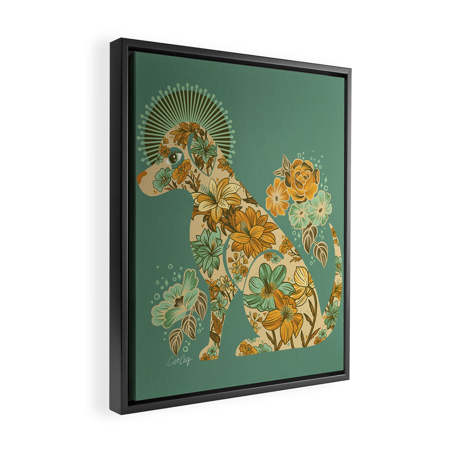 Porcelain Floral Dog - Mint & Ochre Framed Canvas Print Gallery Image 2